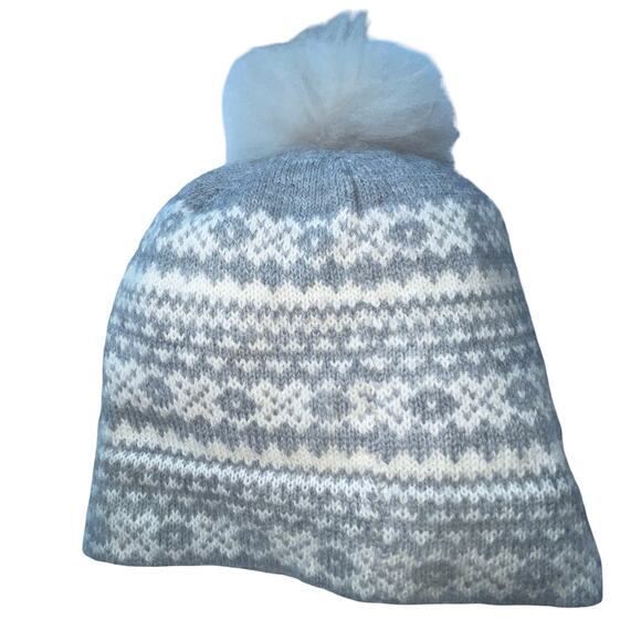 Samantha Holmes Alpaca Fair Isle Beanie Hat Grey White Luxury Pom Wool Peru